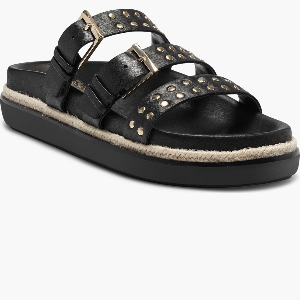 Vince Camuto Black Triple-Strap Studded Espadrille Slide Sandals